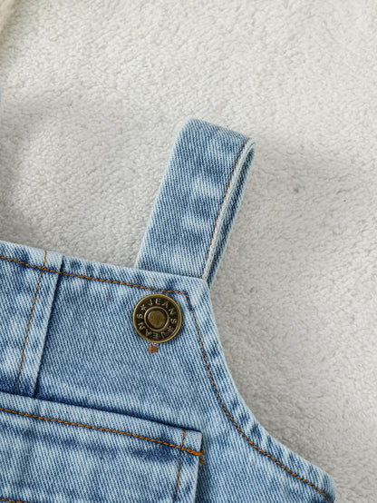 Baby Denim Overalls Set with Long-Sleeve Ribbed Top – 2-Piece Outfit for Newborns (0–9 Months)