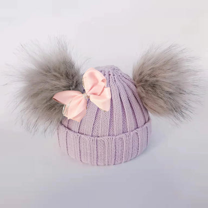 Double Pom Knit Beanie & Scarf Set with Bow