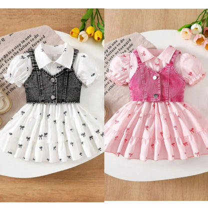 Bow-Print Tiered Dress & Cropped Denim-Look Vest Set for Baby Girls