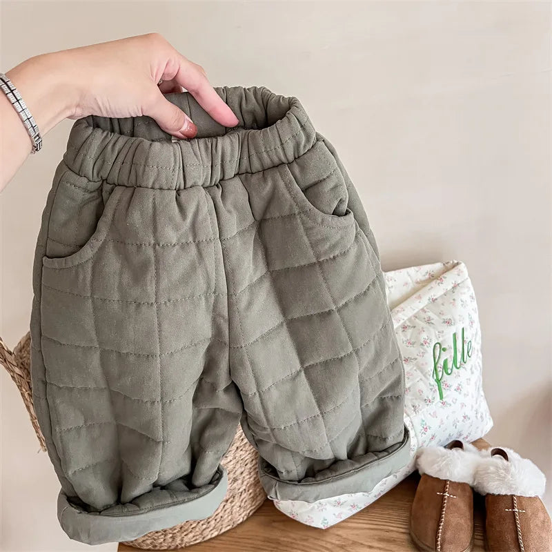 Grid-Quilted Loose Fit Winter Pants for Kids
