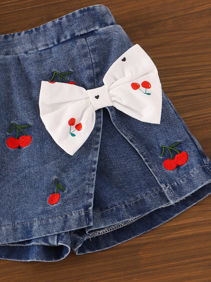Cherry Bow Girls’ Peplum Cami & Denim Skort Set