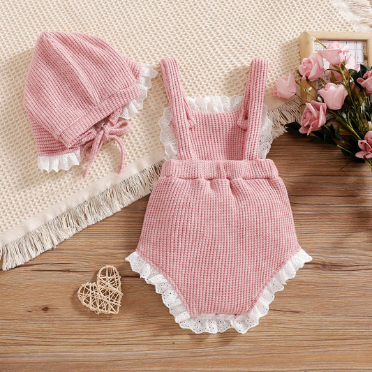 Pink Bow Ruffle Knit Baby Romper & Bonnet Set