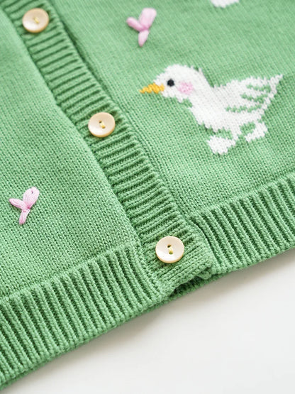 Baby & Toddler Girls Cotton Knit Cardigan (2–6 Years) – Button-Front Sweater with Duck Embroidery