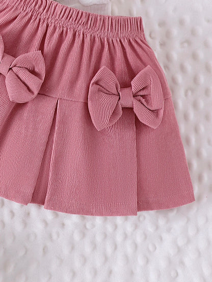 Heart Textured Top & Bow Skirt Set – 2-Piece Puff Sleeve Outfit for Girls