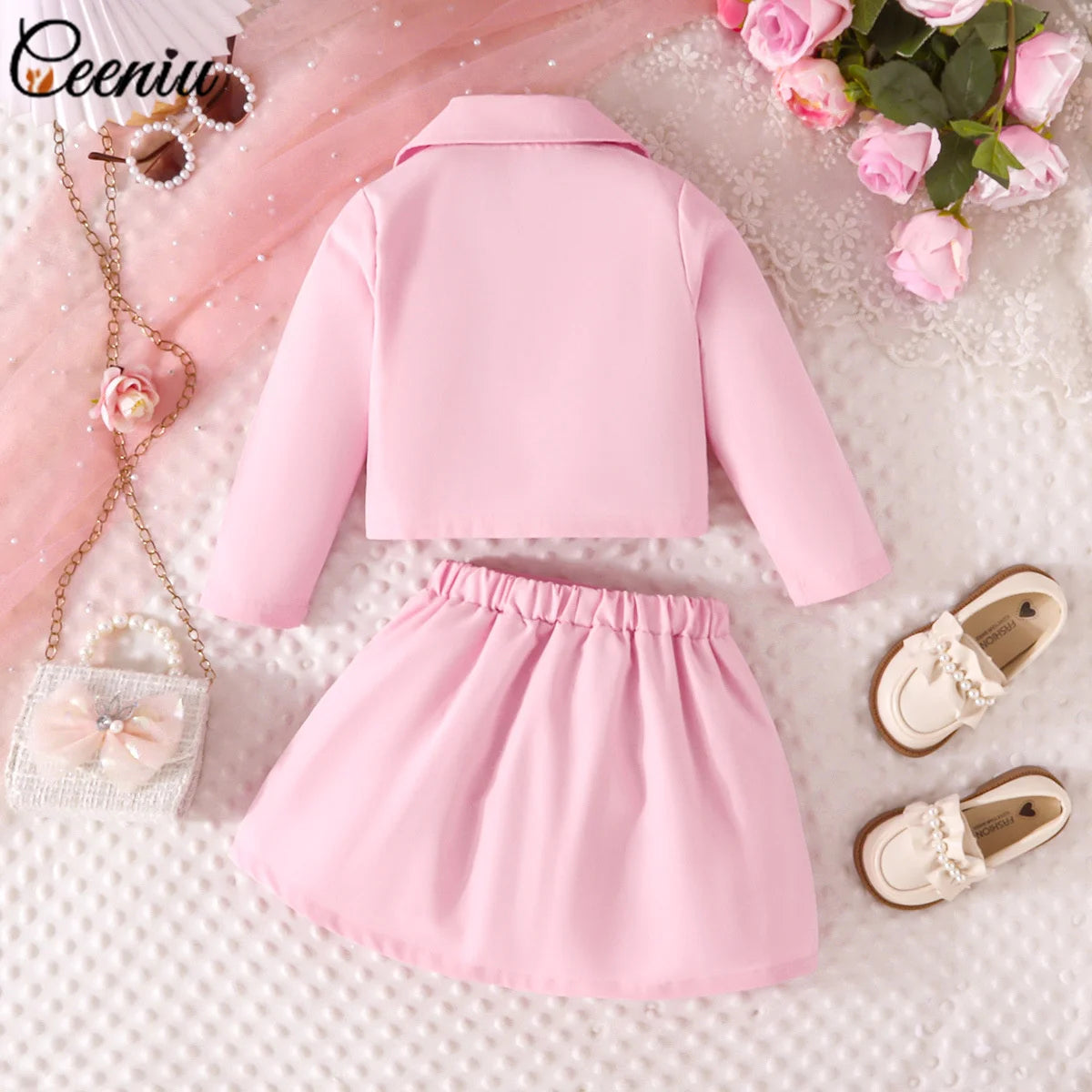 3D Rose Girls’ Blazer & Pleated Skirt Set