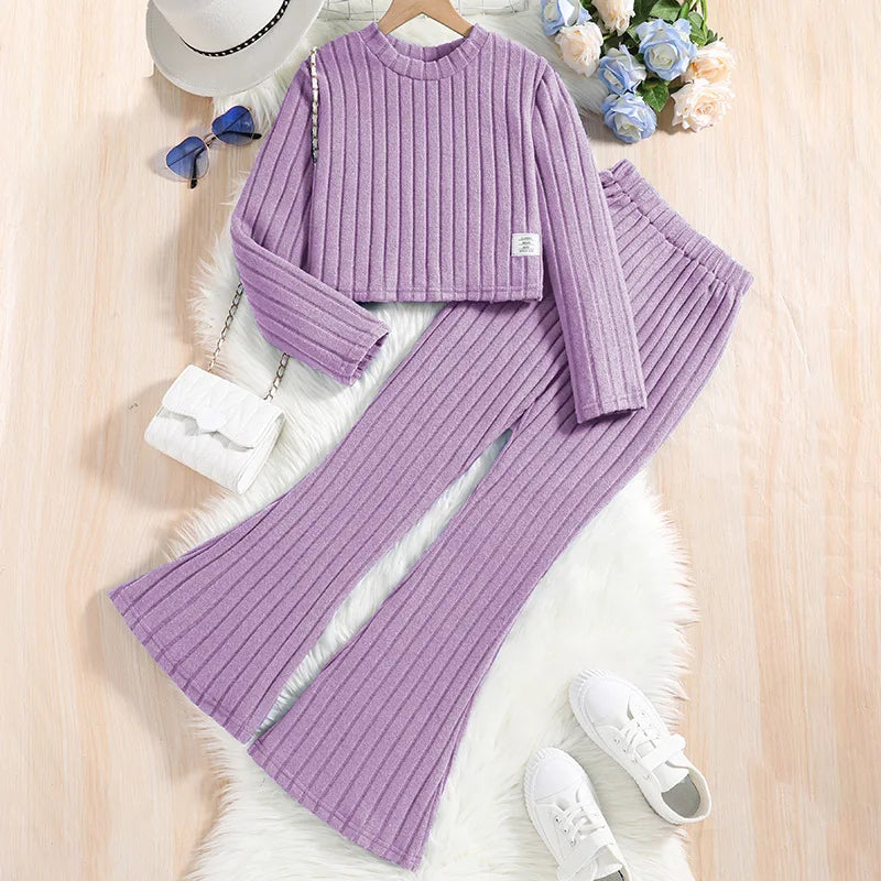Ribbed Flare Girls’ Lounge Set with Cropped Long-Sleeve Top