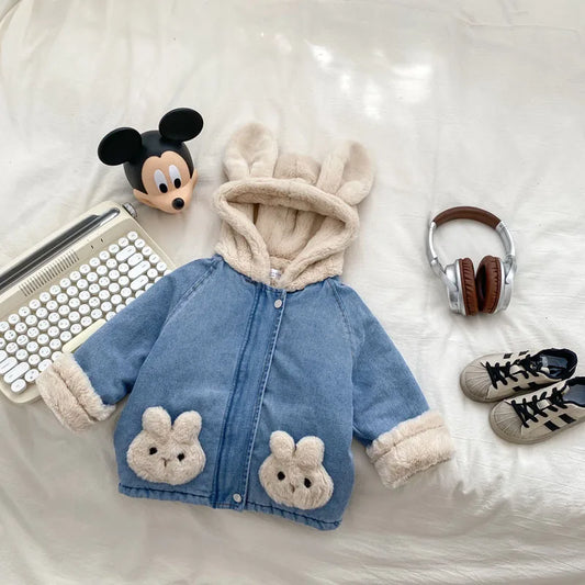 Girls Plush Rabbit Hooded Denim Jacket – Fleece-Lined Winter Coat (Ages 2–8)