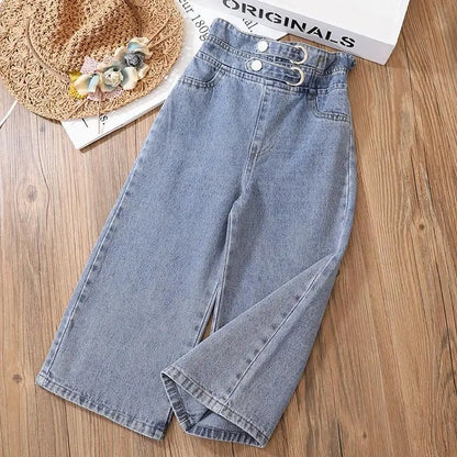 Double-Button D-Ring Wide-Leg Jeans for Girls