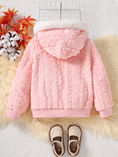 Plush Cable-Texture Hooded Winter Jacket for Girls
