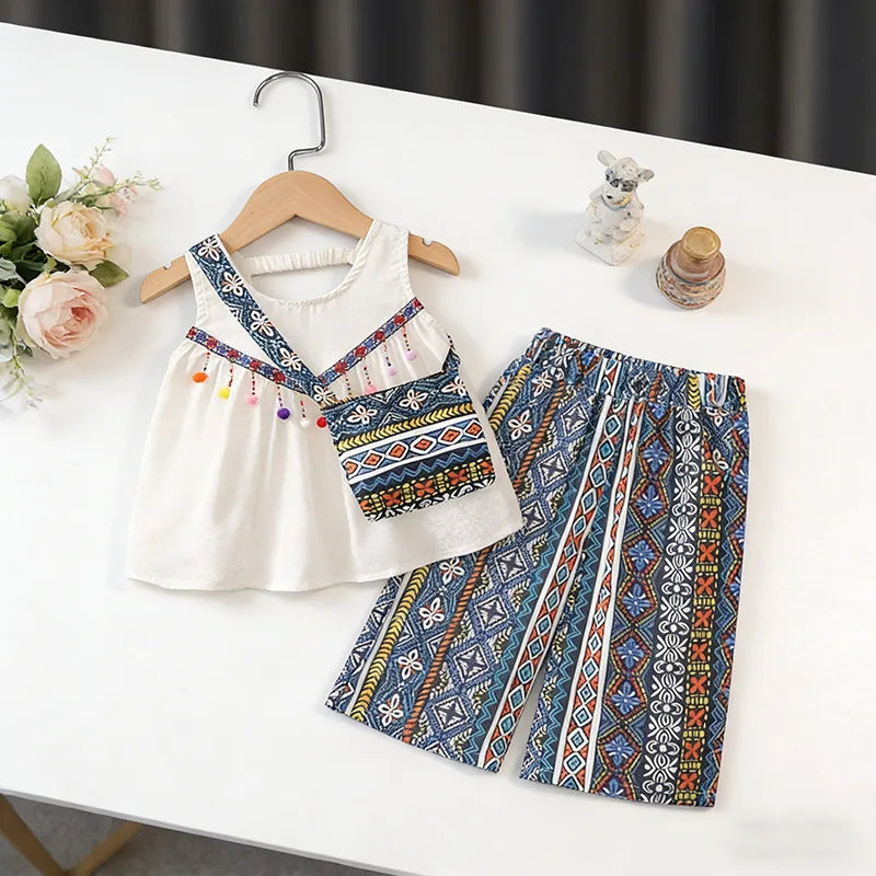 Boho Tassel Top, Printed Pants & Mini Bag Set