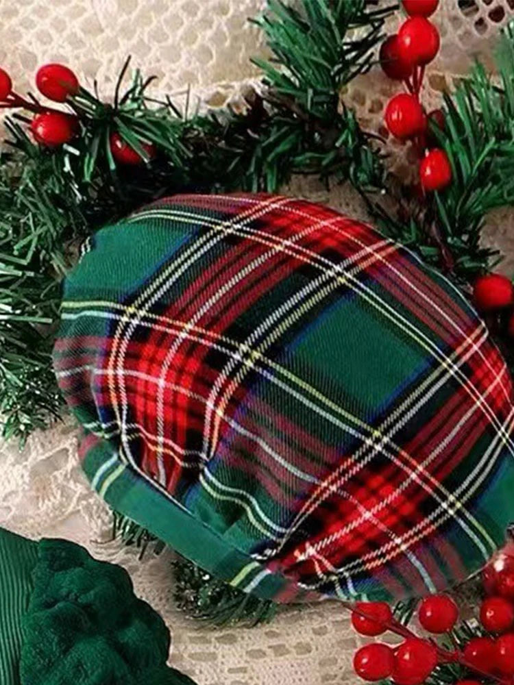 Festive Plaid Skirt & Textured Sleeve Christmas Outfit Set for Baby Girls