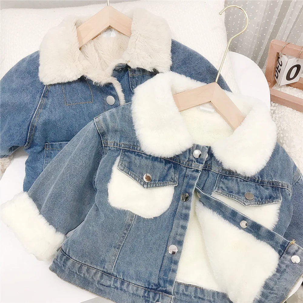 Girls Fleece-Lined Denim Jacket with Faux Fur Collar – Warm Winter Coat (1–6 Years)