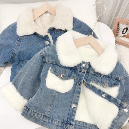 Girls Fleece-Lined Denim Jacket with Faux Fur Collar – Warm Winter Coat (1–6 Years)