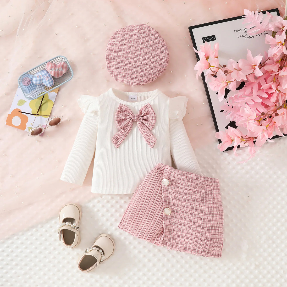 Floral Appliqué Ribbed Top & Pleated Shorts Set for Girls