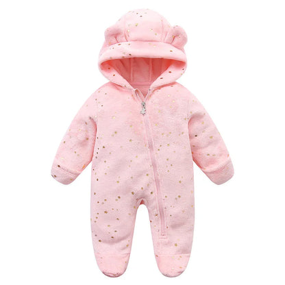 Plush Hooded Baby Jumpsuit – Cozy Flannel One-Piece with Bear Ears (0–12 Months)