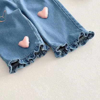 Heart Patch Ruffle Denim Pants & Bunny Top Separates