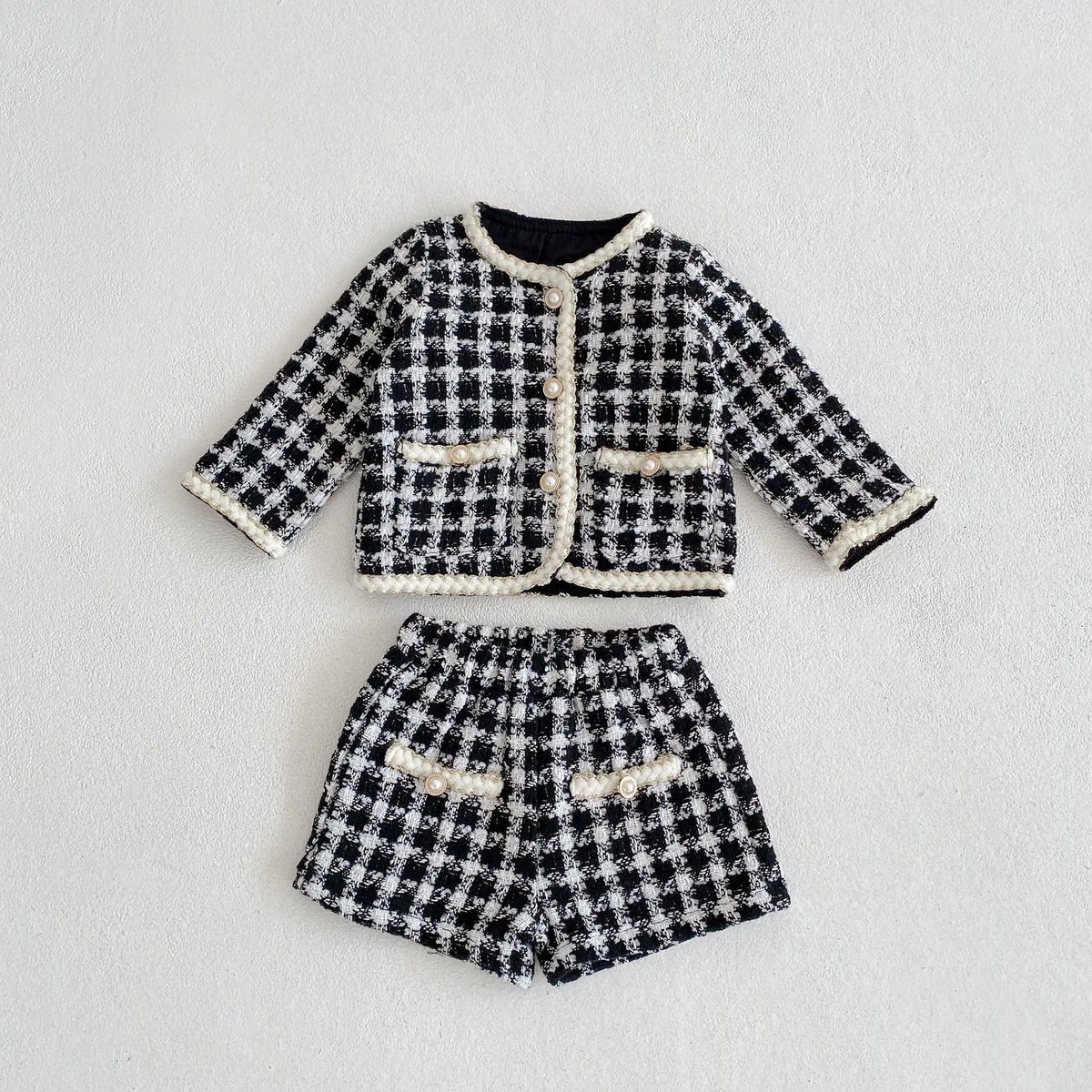 Black & White Tweed Jacket and Shorts Set for Girls