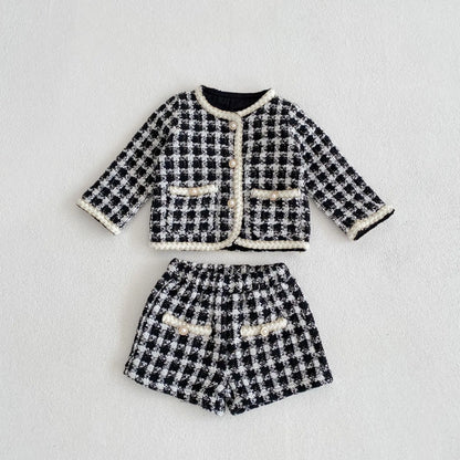 Black & White Tweed Jacket and Shorts Set for Girls