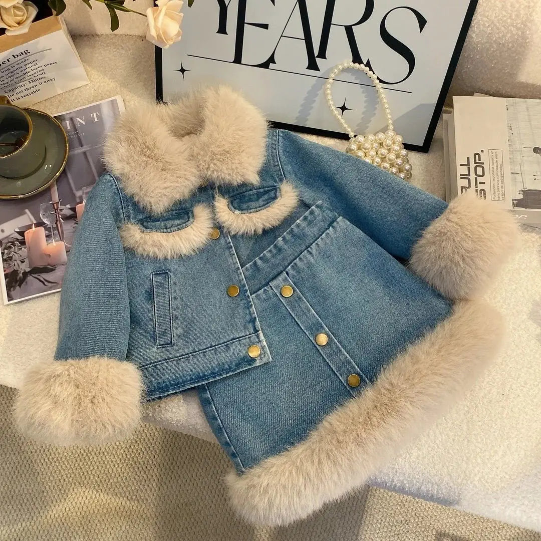 Faux Fur Trim Denim Jacket & Skirt Set for Girls