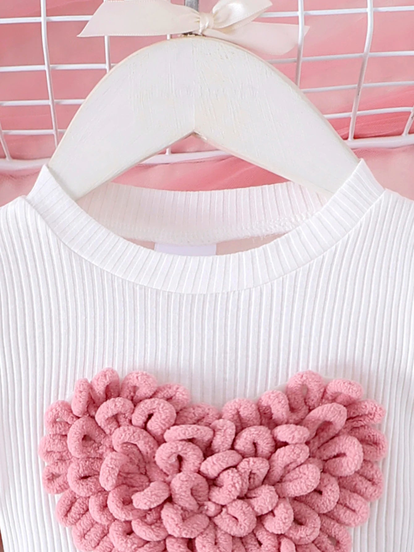 Heart Textured Top & Bow Skirt Set – 2-Piece Puff Sleeve Outfit for Girls