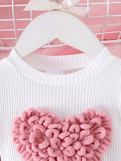 Heart Textured Top & Bow Skirt Set – 2-Piece Puff Sleeve Outfit for Girls