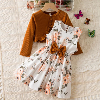 Floral Bow Dress & Ruffle-Trim Cardigan Set for Girls