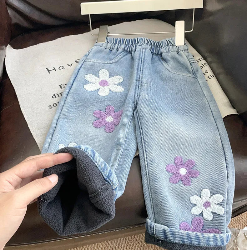 Floral Embroidered Fleece-Lined Wide-Leg Jeans for Girls
