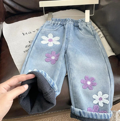 Floral Embroidered Fleece-Lined Wide-Leg Jeans for Girls