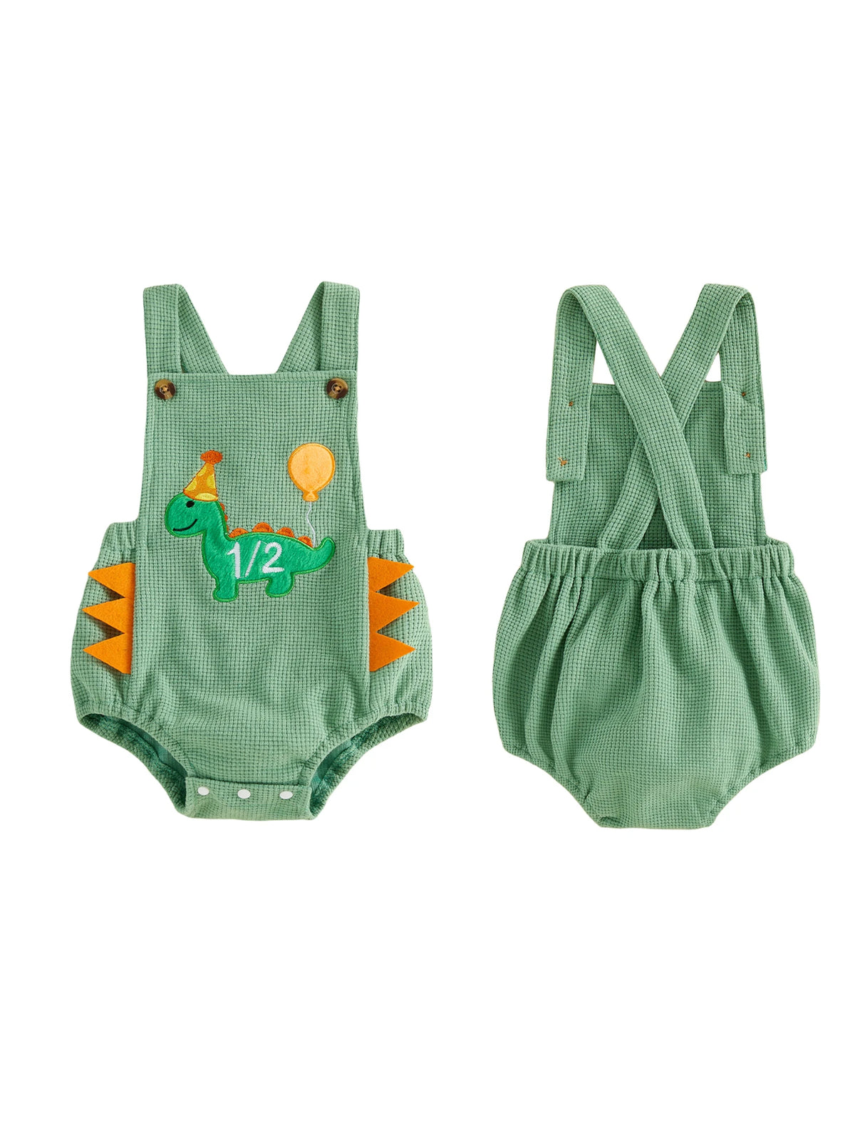 Dino Half-Birthday Waffle-Knit Overall Romper for Baby Boys
