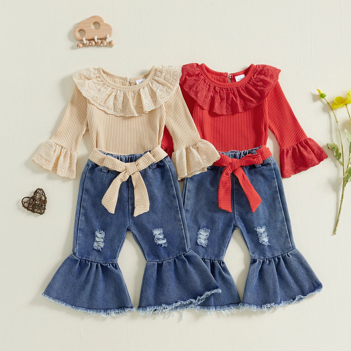 Eyelet Ruffle Romper & Flared Denim Pants Set for Baby Girls