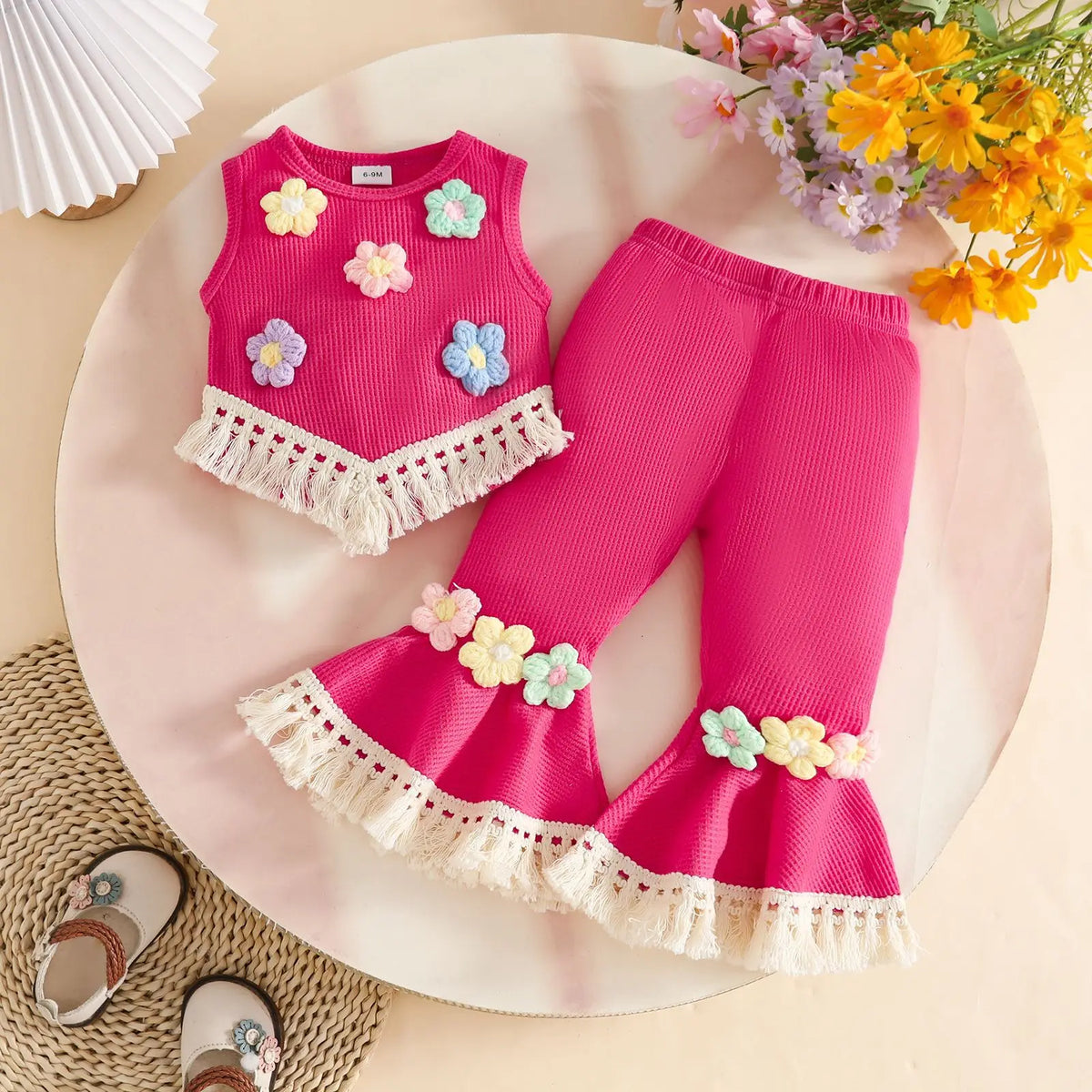 Floral Appliqué Ribbed Top & Pleated Shorts Set for Girls