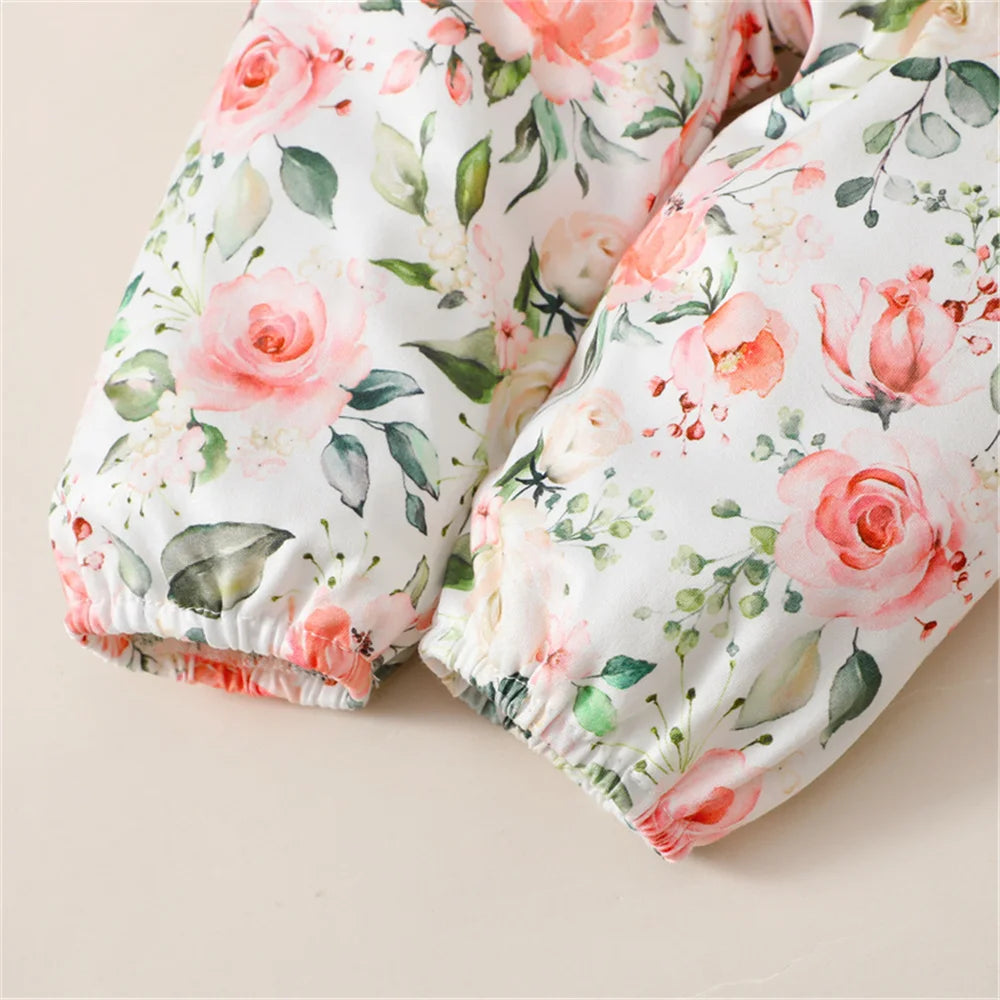 Floral Ribbed Bodysuit, Pants & Bow Headband Set for Baby Girls