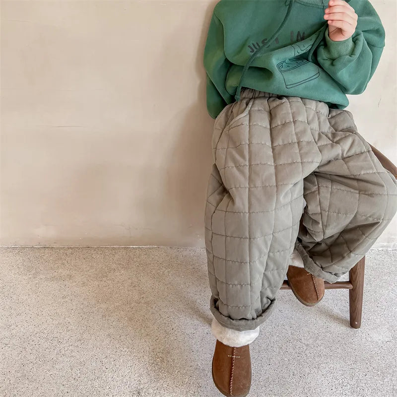 Grid-Quilted Loose Fit Winter Pants for Kids