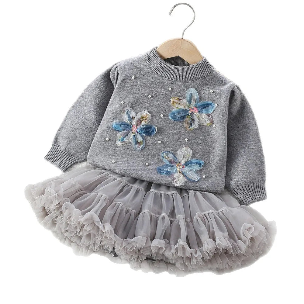 Pastel Petal Knit Sweater & Ruffle Tutu Skirt Set for Girls