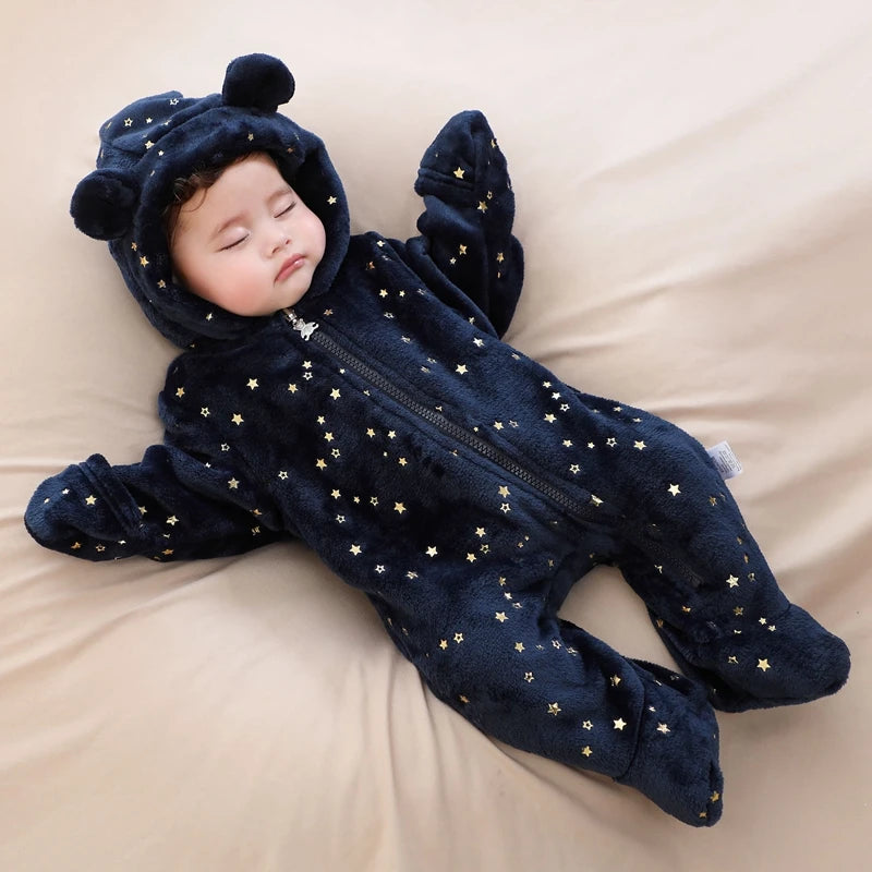Plush Hooded Baby Jumpsuit – Cozy Flannel One-Piece with Bear Ears (0–12 Months)
