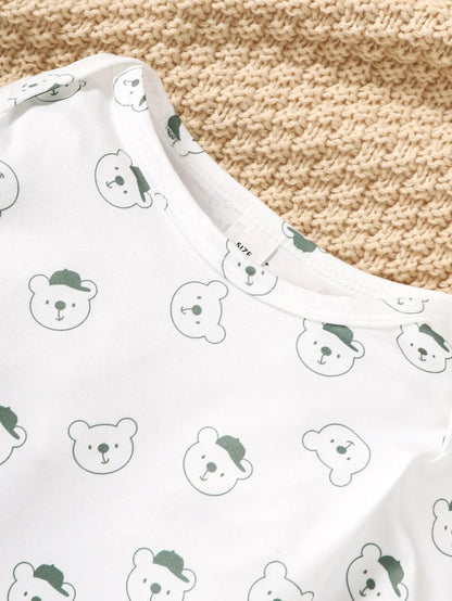 Bear Print Bodysuit & Ribbed Overalls Set