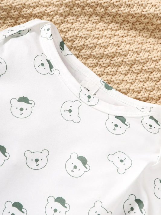 Bear Print Bodysuit & Ribbed Overalls Set