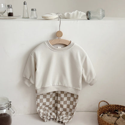 Cozy Two-Piece Baby Outfit – Soft Pullover Top & Checkered Pants Set (6 Months–3 Years)
