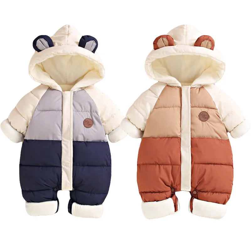 Colorblock Bear-Ear Hooded Padded Baby Snowsuit