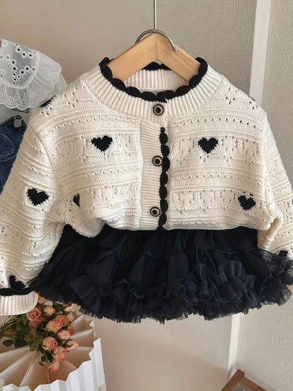 Black Heart Textured Knit Cardigan for Girls