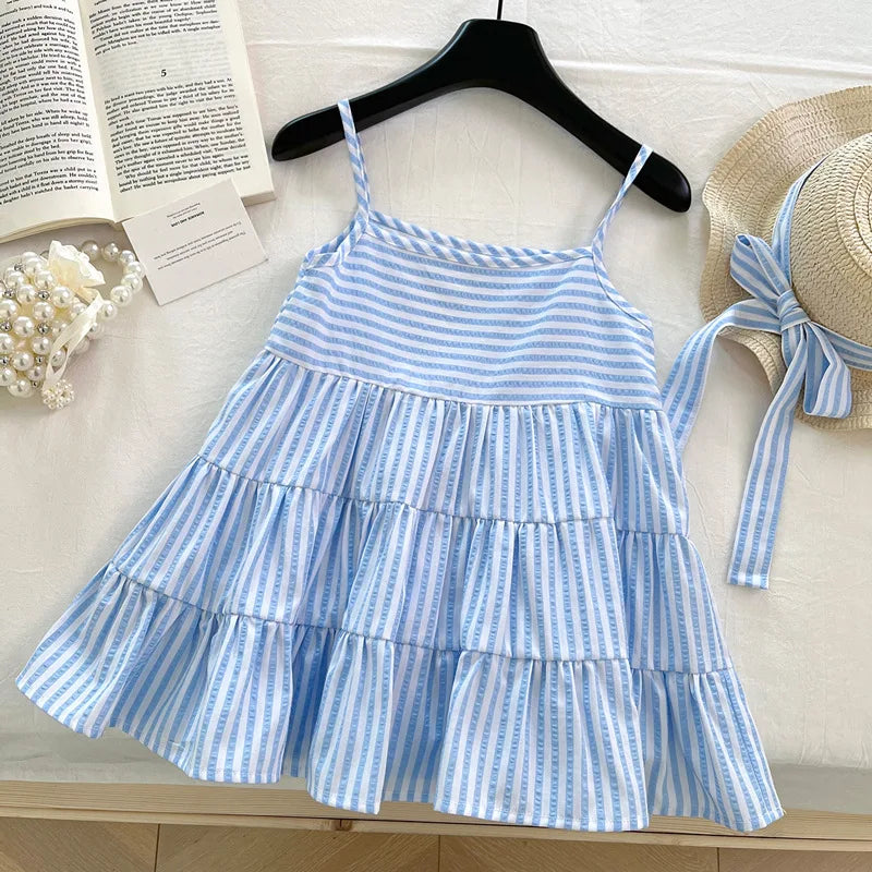 Blue Striped Tiered Dress & Crochet Vest Set for Girls