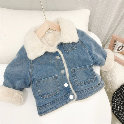 Girls Fleece-Lined Denim Jacket with Faux Fur Collar – Warm Winter Coat (1–6 Years)
