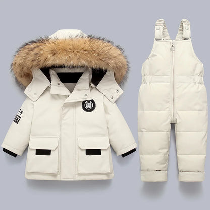 Faux Fur Hooded Down Jacket & Snow Bib Overalls Set for Kids