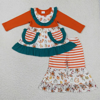 Autumn Pumpkin & Bow Two-Piece Tunic & Pants Set for Girls