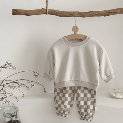 Cozy Two-Piece Baby Outfit – Soft Pullover Top & Checkered Pants Set (6 Months–3 Years)