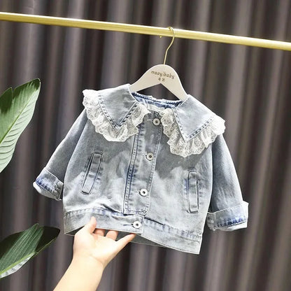 Scalloped & Lace-Collar Denim Jacket for Girls