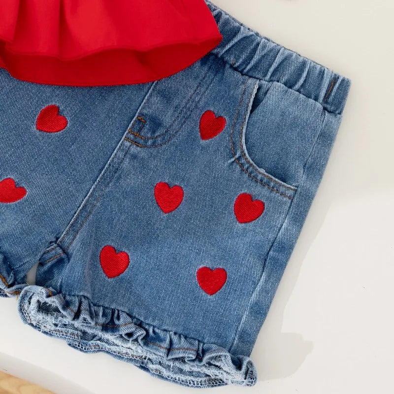 Bow-Shoulder Peplum Top & Heart Denim Shorts Set