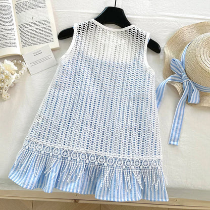 Blue Striped Tiered Dress & Crochet Vest Set for Girls