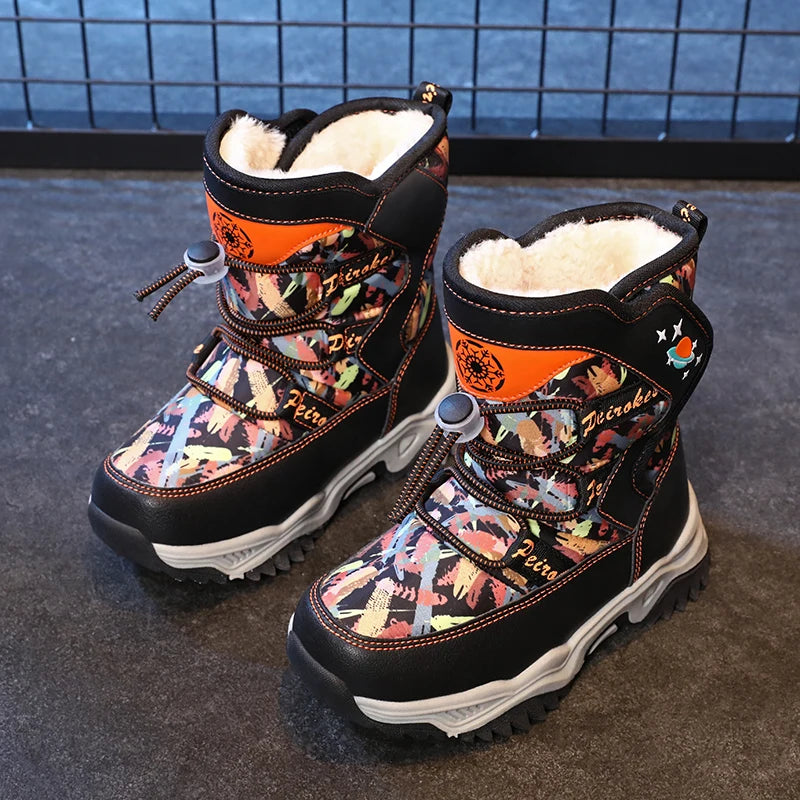 Colorful Print Plush-Lined Winter Snow Boots for Kids