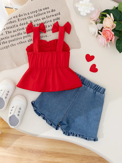 Bow-Shoulder Peplum Top & Heart Denim Shorts Set